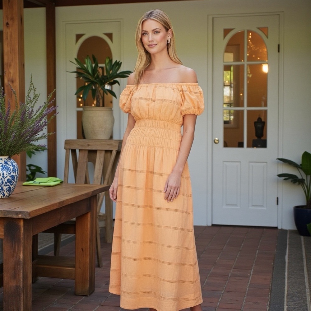 Olivia James The Label Women’s Tiered Eyelet Trim Maxi Peasant Dress In Orange M